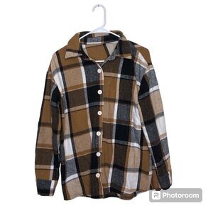 SHEIN Neutral Plaid Flannel Print Button Front, Brown, White, Black, Khaki, US M